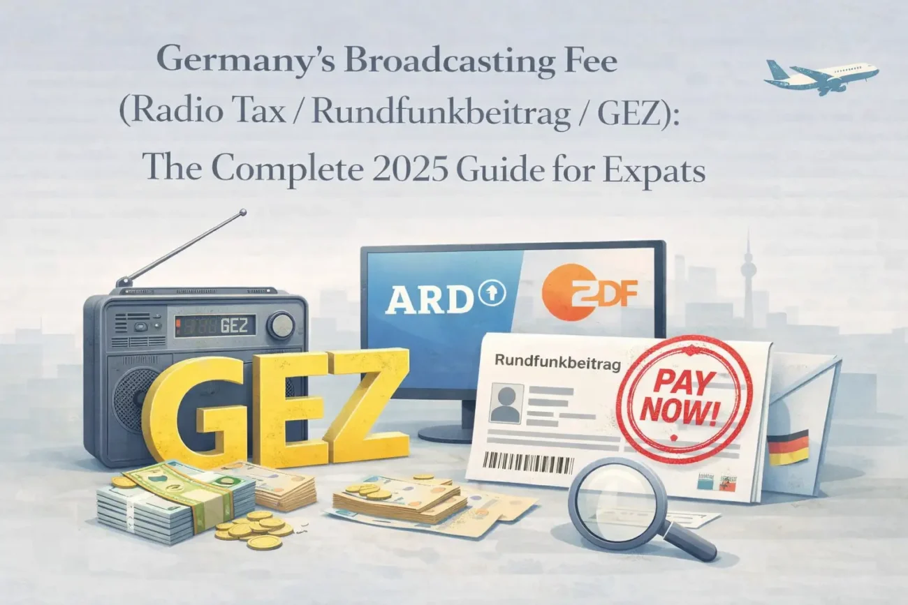 Germany's Broadcasting Fee (Rundfunkbeitrag / GEZ) 2025 guide for expats showing ARD, ZDF, payment letter and radio tax concept