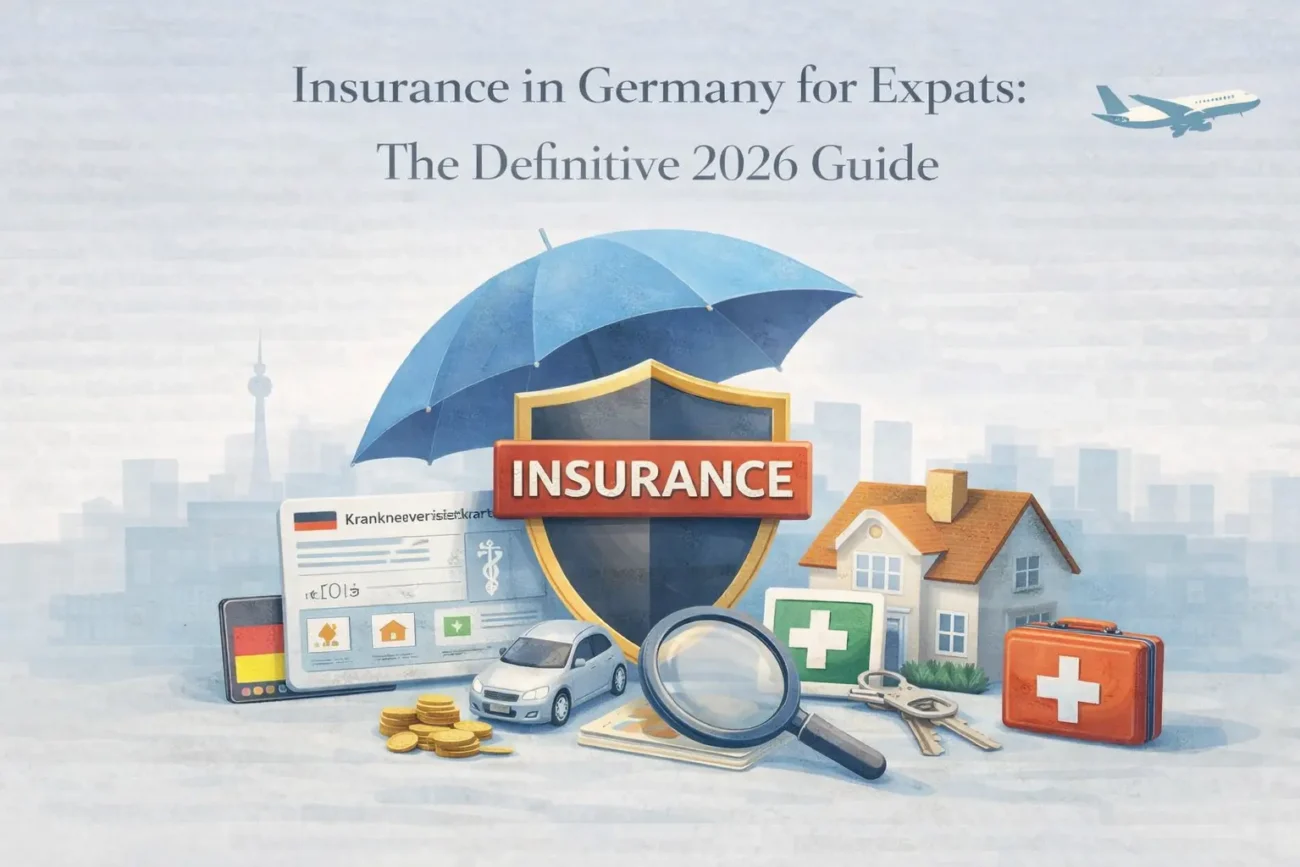 Insurance in Germany for expats 2026 guide showing health insurance card, liability protection, and coverage shield concept