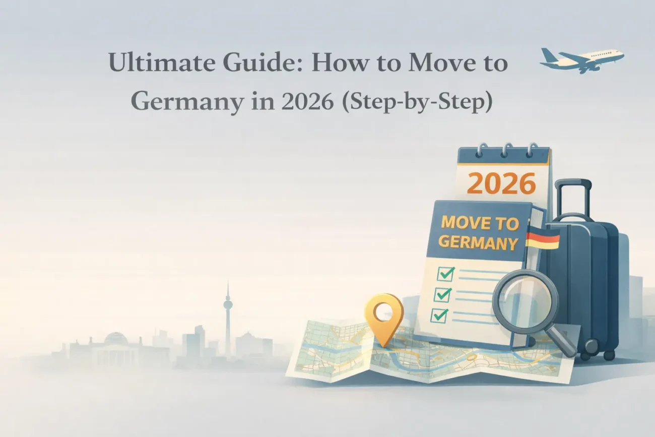 Illustration showing Berlin skyline and relocation checklist for expats moving to Germany in 2026.