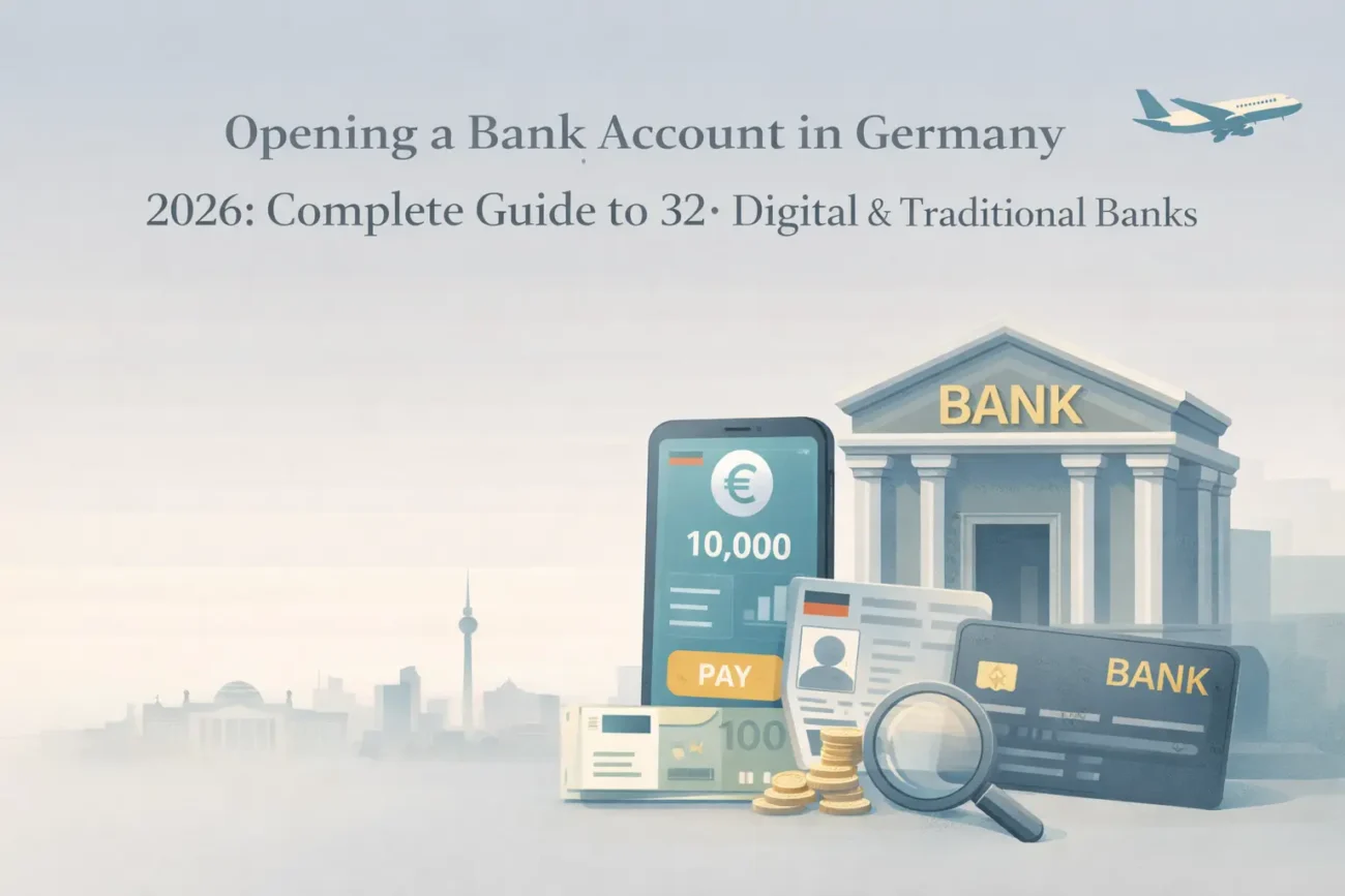 Illustration representing opening a bank account in Germany in 2026 for expats, including digital and traditional banks.Illustration representing opening a bank account in Germany in 2026 for expats, including digital and traditional banks.