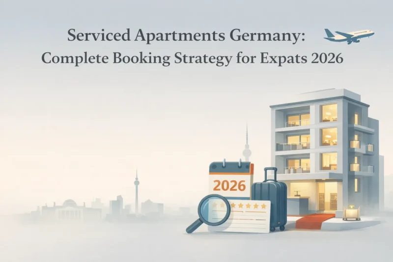 Illustration of serviced apartments in Germany for expats in 2026, showing booking strategy and temporary housing setup.