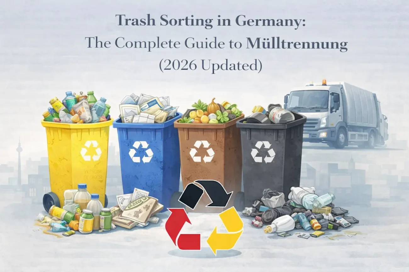 Illustration showing trash sorting system in Germany in 2026 with blue, yellow, brown and black recycling bins for Mülltrennung.