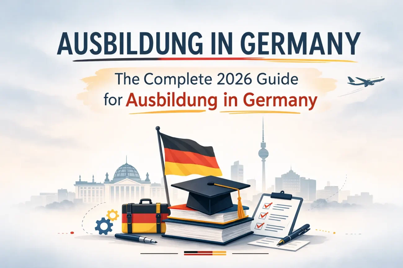 Ausbildung in Germany guide with Berlin skyline and vocational training elements
