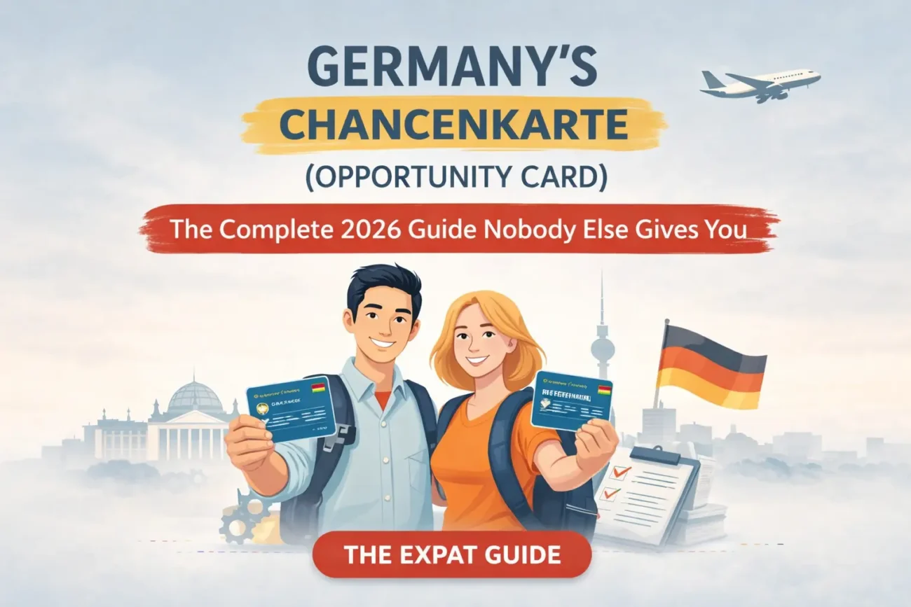 Germany Chancenkarte Opportunity Card guide with skyline and residence permit illustration
