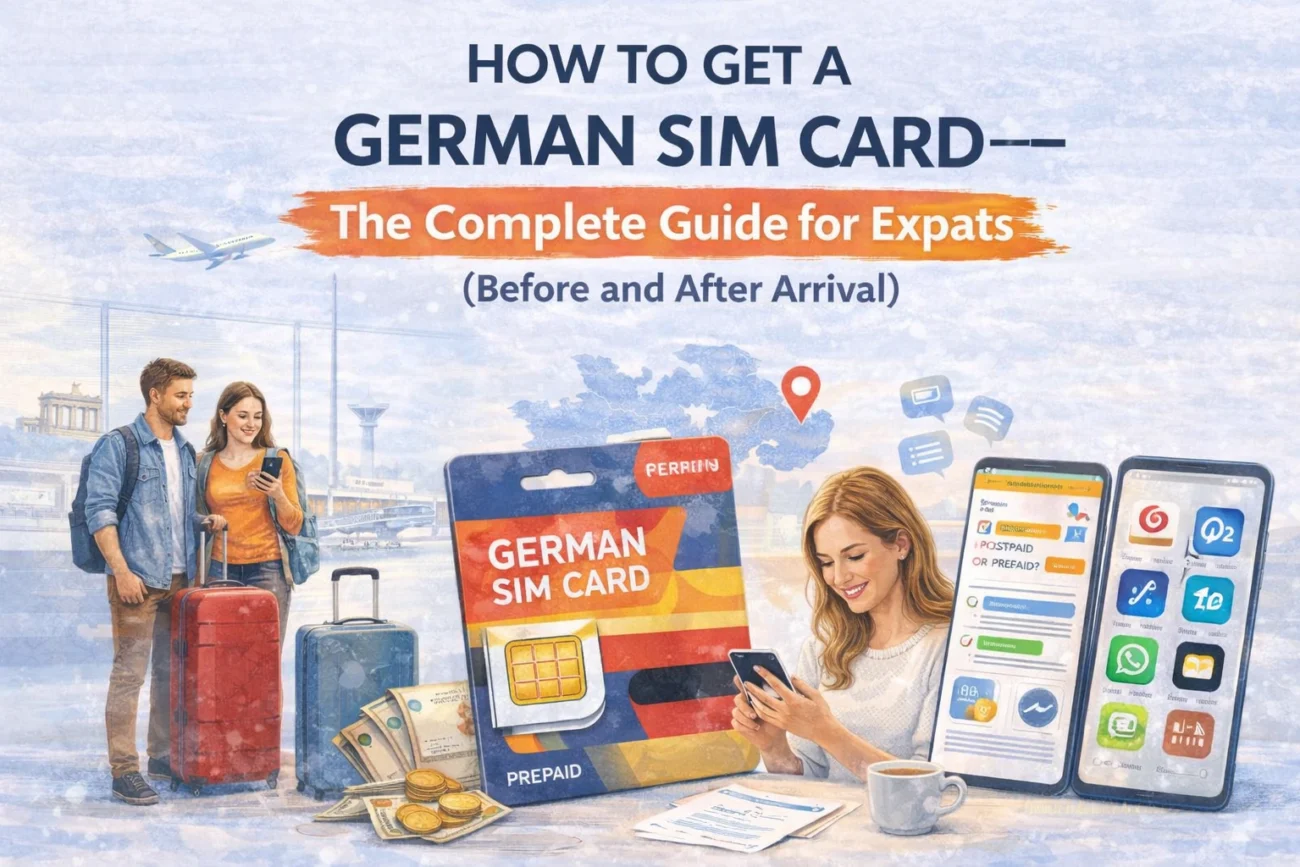 German SIM card guide for expats showing prepaid SIM options, mobile networks and activation process before and after arriving in Germany