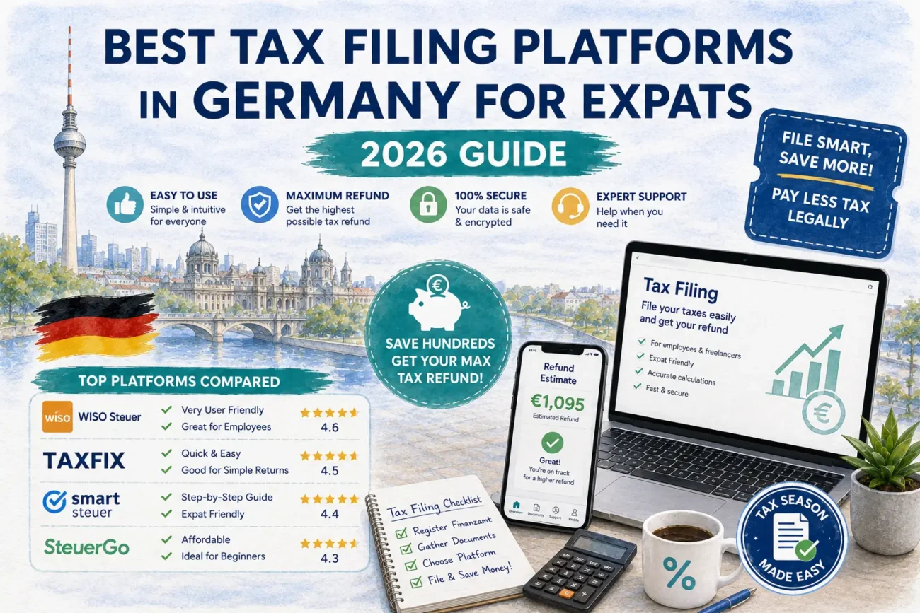 Best tax filing platforms in Germany for expats showing online tax return tools, refund calculator and German tax filing process